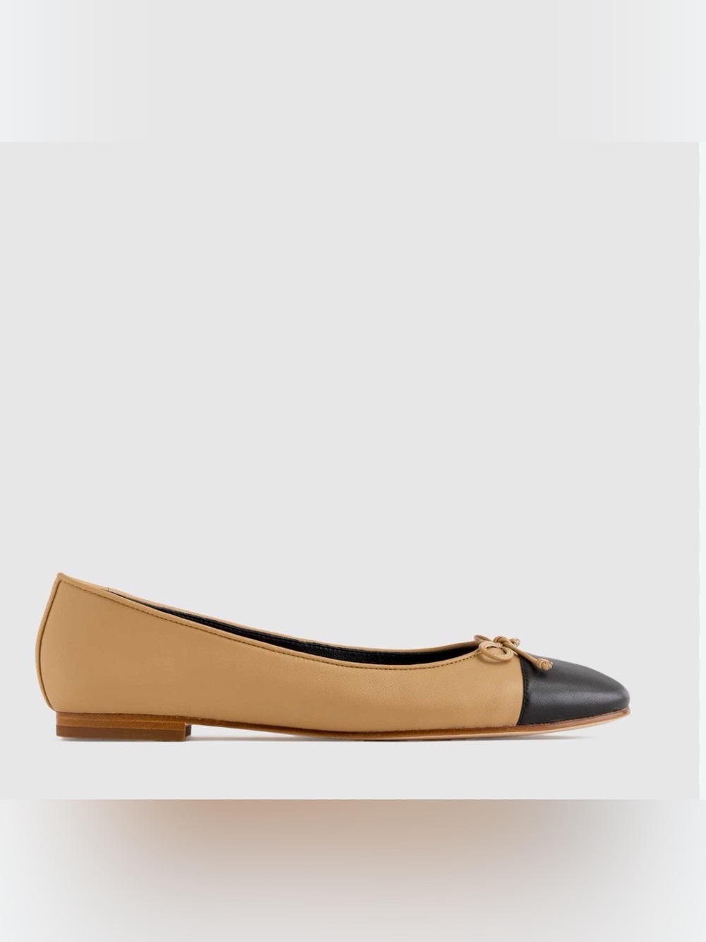 Quince Italian Leather Cap-Toe Ballet Flat Classic Two-Tone Bow Tan and Black 9 - Picture 12 of 12